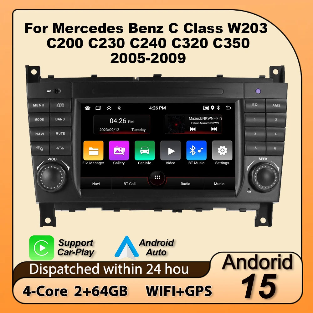For Mercedes Benz C-Class W203 CLC W203 2004-2007 Android 15 64G 2 Din Car Radio Wireless