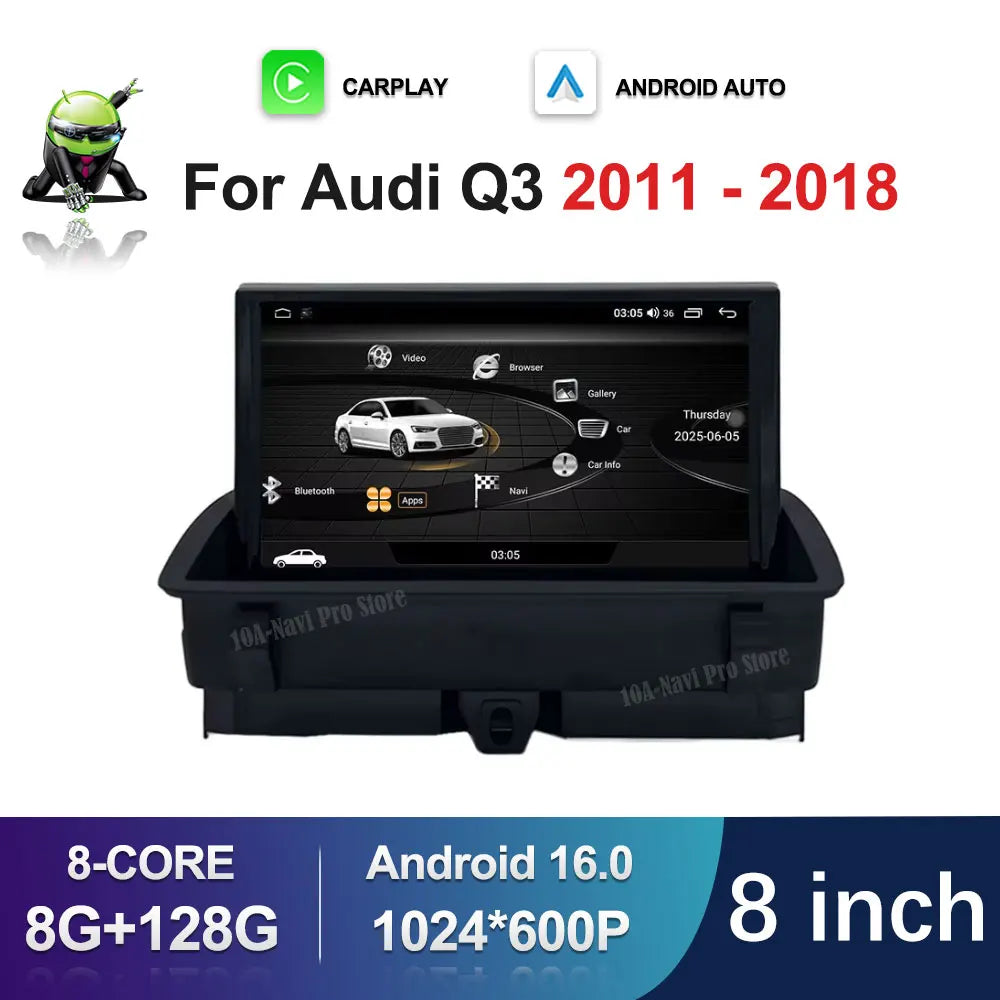 for Audi Q3 2011 - 2018 Android 15 System BT GPS 4G WiFi 8 inch Car Multimedia Video Radio