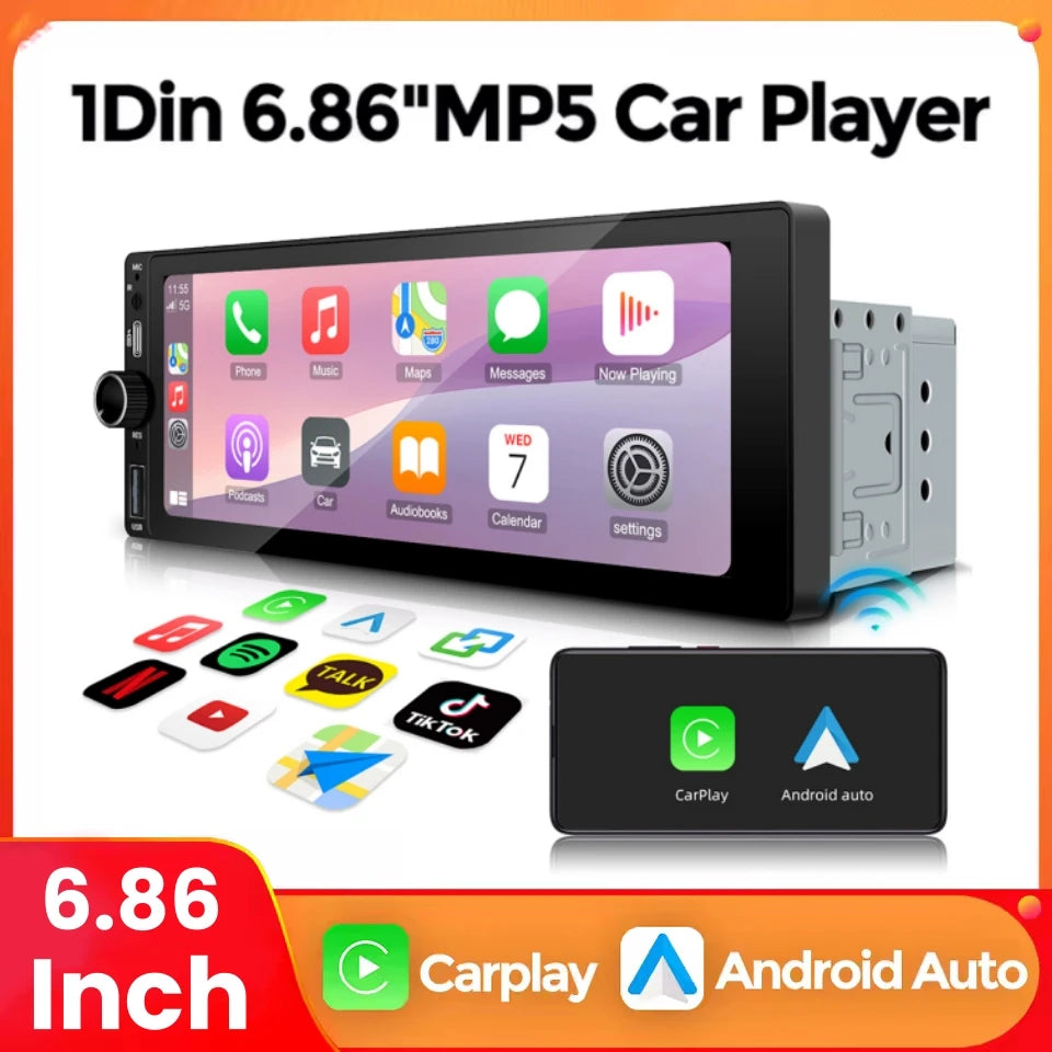 1DIN 6.86 inch HD Touch Screeh Multimedia MP5 Player Auto Radio Wireless CarPlay Android A | AUTOKITSHOP