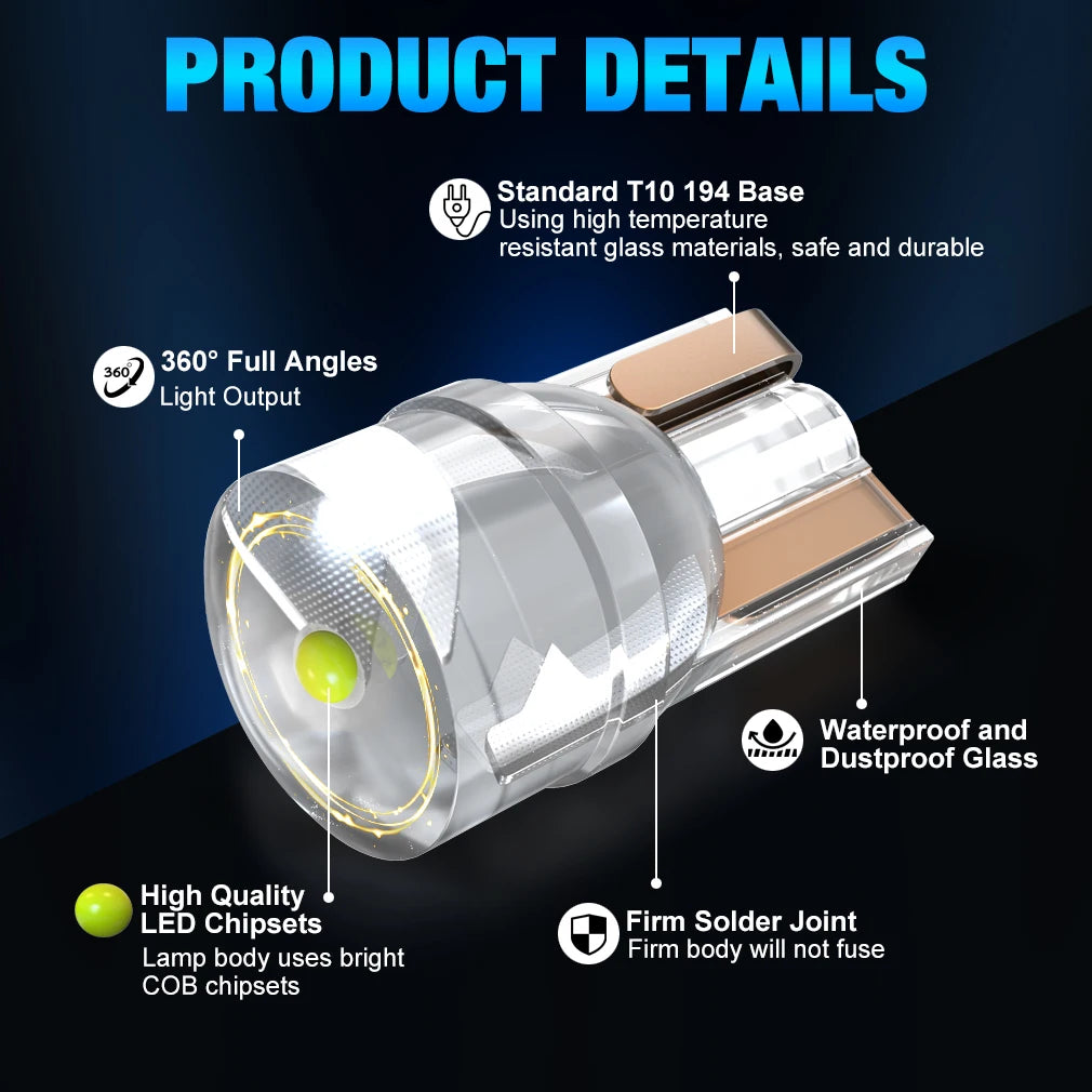 T10 W5W WY5W 168 501 2825 COB LED Car Wedge Bulbs Parking Lights Auto License Plate Lamps