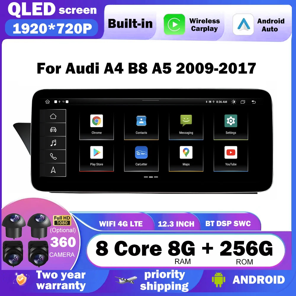 Carplay Android Auto 12.3 Inch For Audi A4 A5 S4 S5 A4L B8 2009 - 2016 4G+WIFI Car Multime