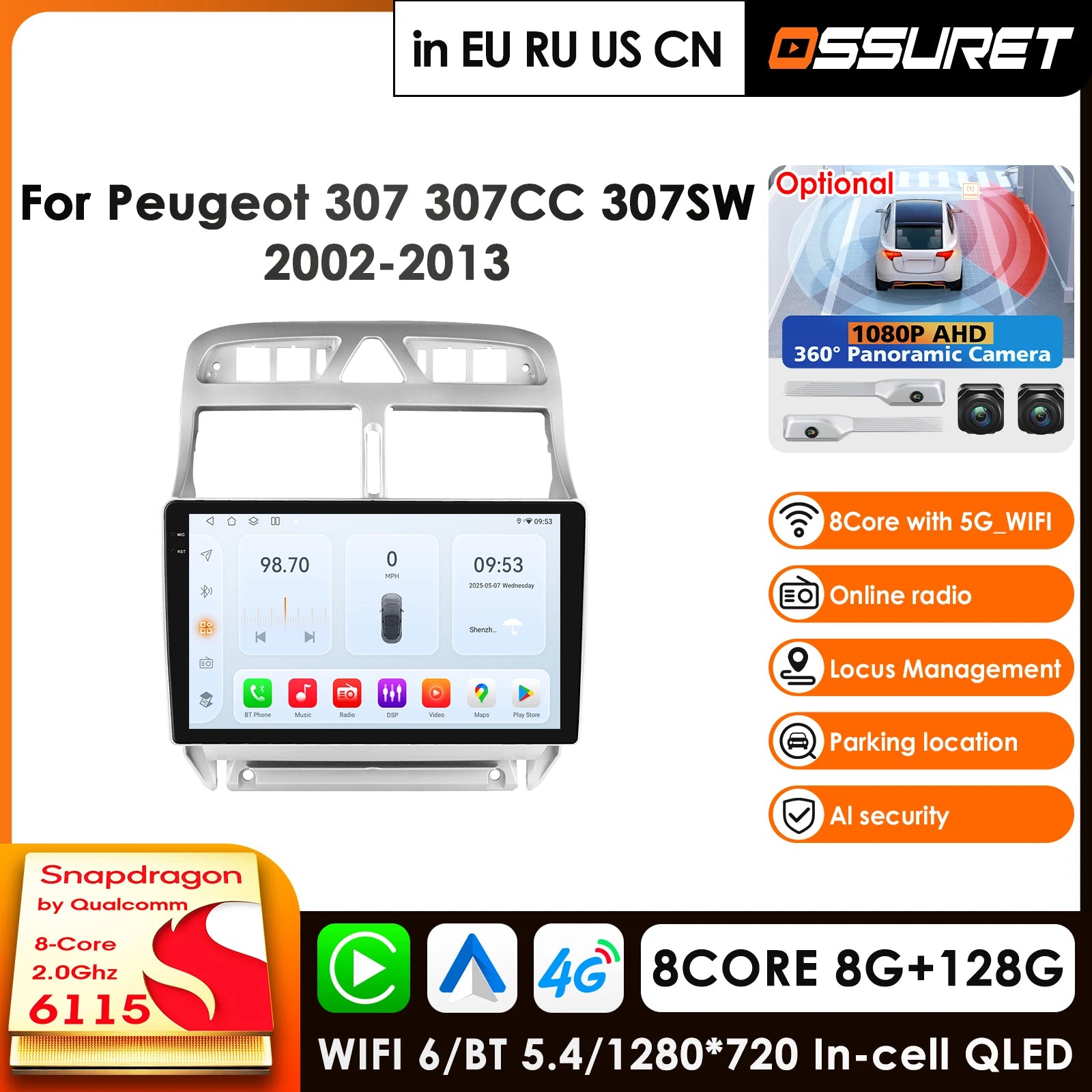 9" Car Radio GPS 4G-LTE Android Carplay for Peugeot 307 SW 307CC 2002-2013 - 8Core 2.0GHz 360° Panoramic Camera