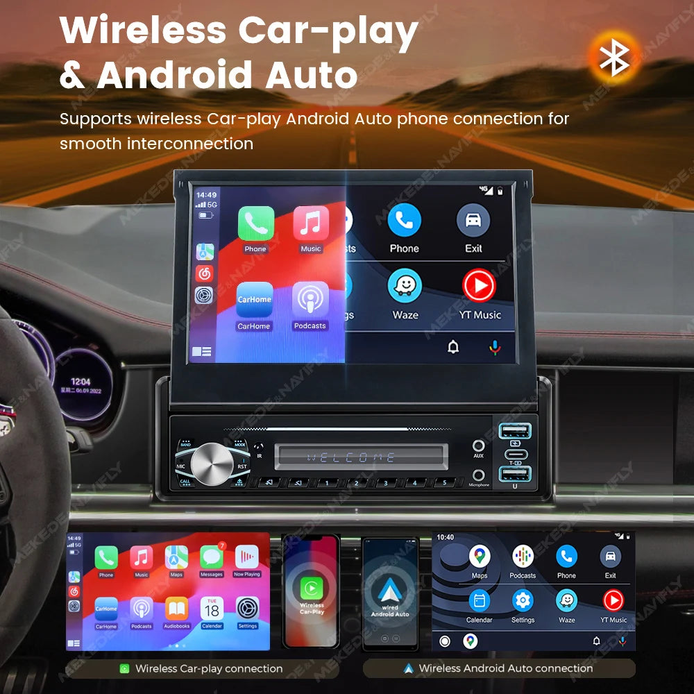 1 Din Car Radio with DAB Carplay Android Auto Multimedia Retractable 7'' HD Touch Screen F | AUTOKITSHOP