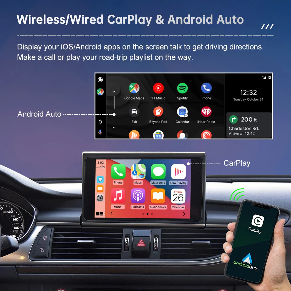 Road Top Wireless CarPlay Android Auto for Audi A6 C6 A7 C7 S6 S7 2012-2018, with AirPlay