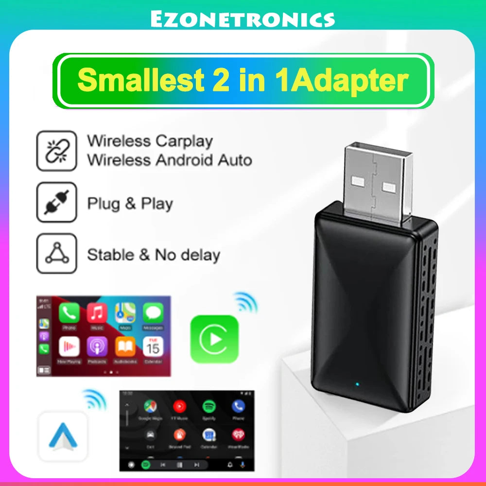 2in1 Wired to Wireless CarPlay Android Auto Adapter for OEM Car Stereo With USB Plug and P
