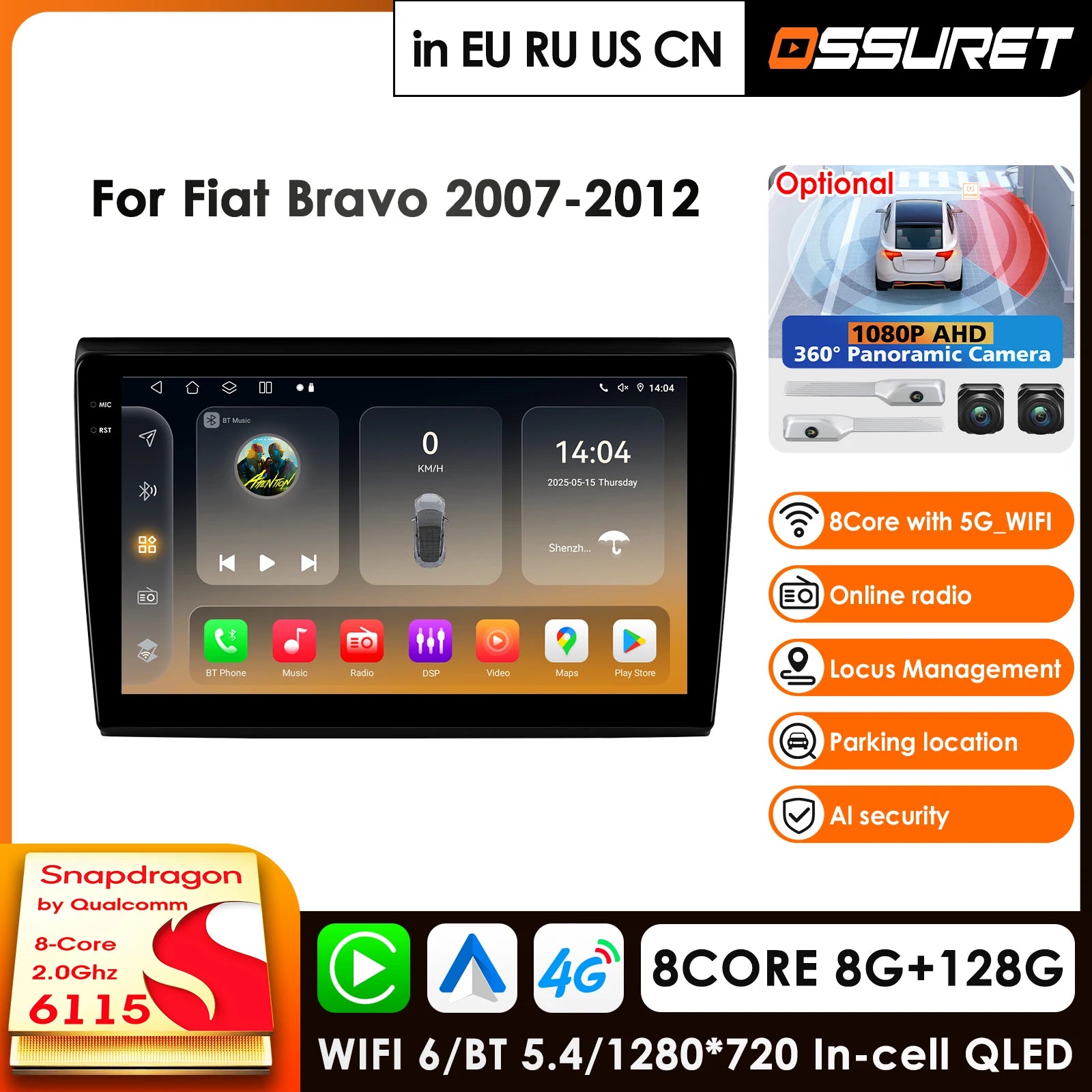 8.9" Car Radio GPS 360° Panoramic Camera CarPlay Android Auto for Fiat Bravo 2007-2012 Multimedia Stereo 4G WiFi RDS DSP