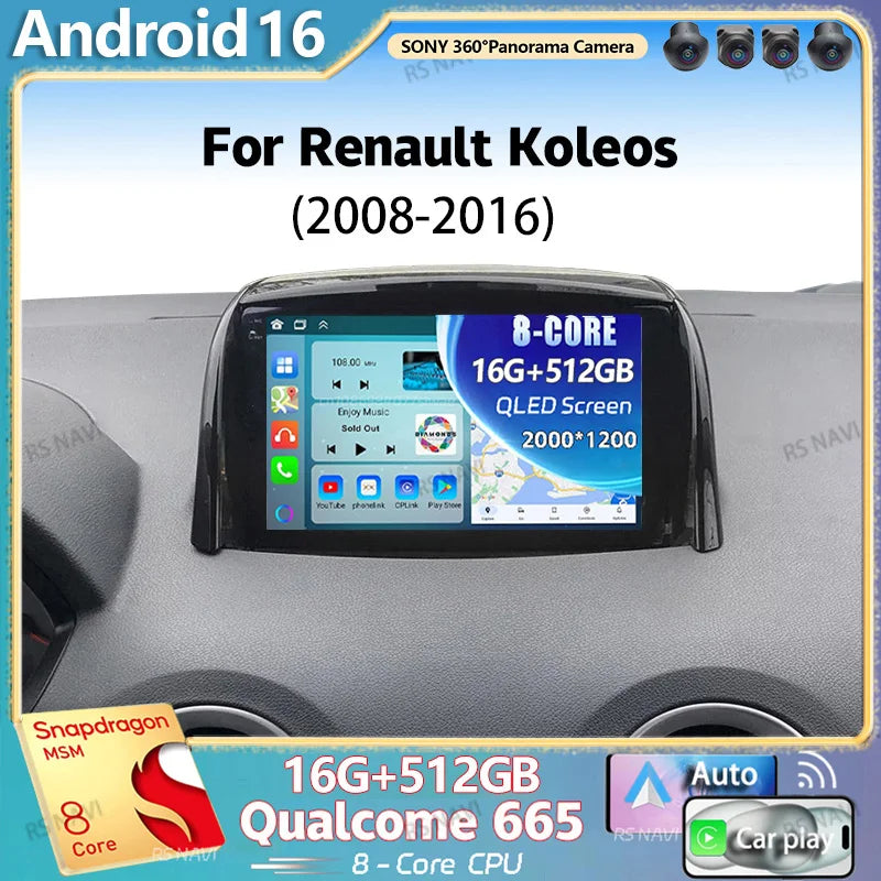 Android 16 For Renault Koleos 2008 -2016 2K QLED Android Car Radio Multimedia Video Player