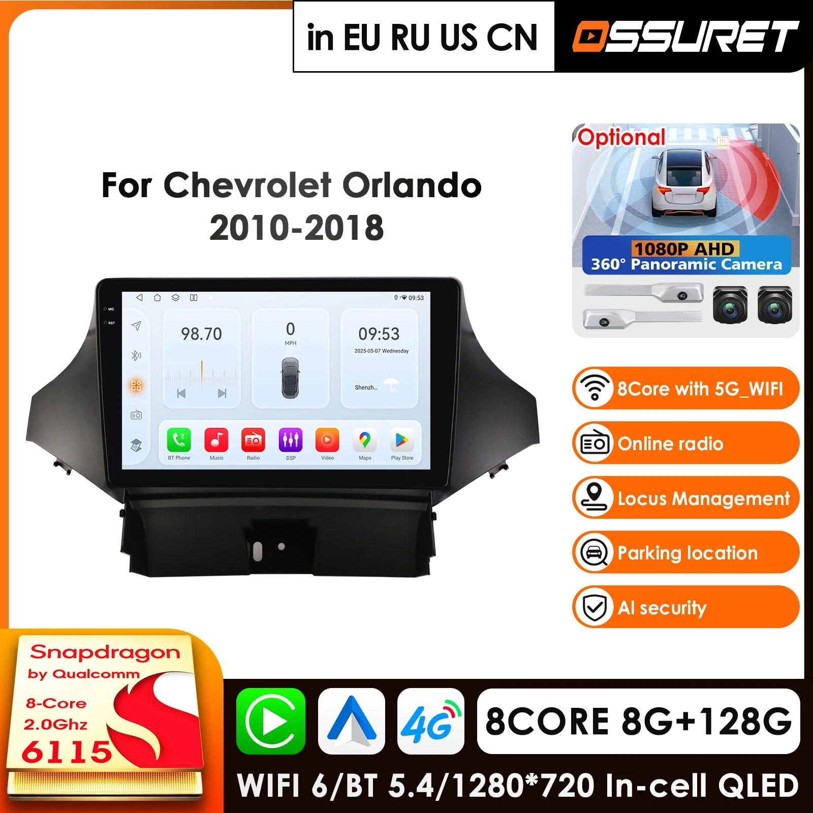 9" Android 14 Car Radio GPS for Chevrolet Orlando 2010-2018 - 2 Din Stereo Carplay DSP WIFI 4G Autoradio AI Voice