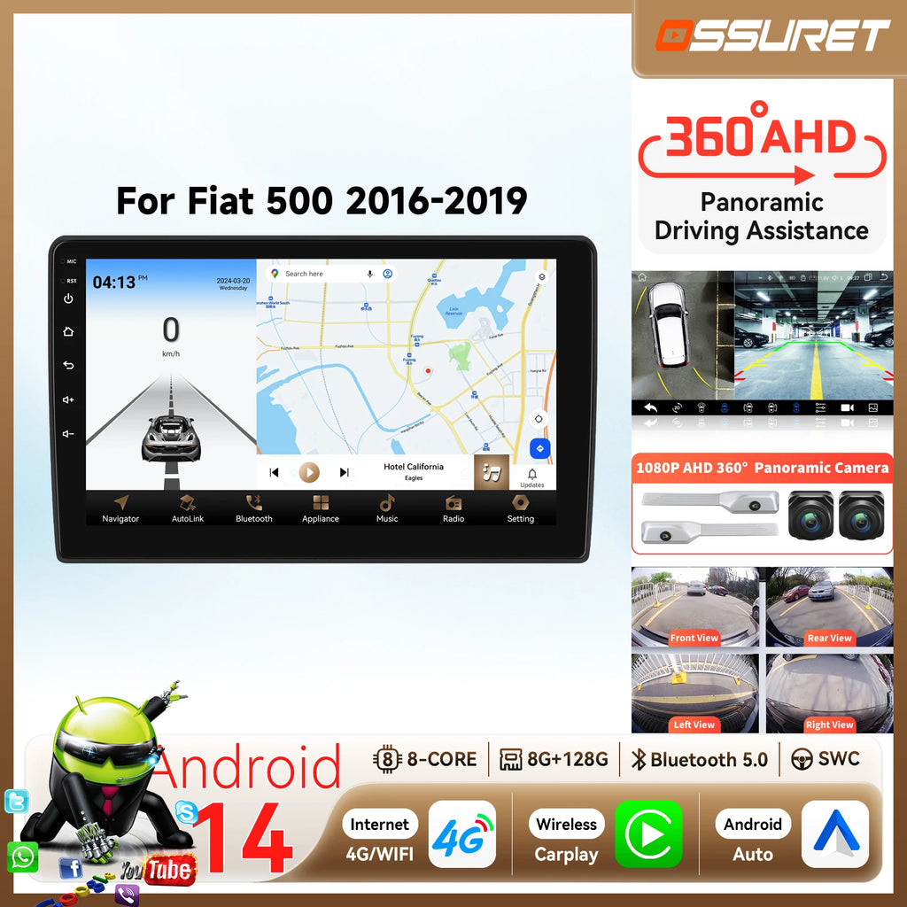 Android Auto 2Din Car Radio Navi for Fiat 500 2016- 2019 Stereo Wireless Carplay 360 Camer