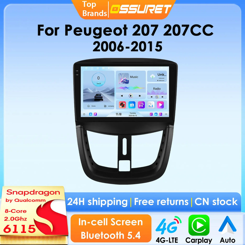 8G 128G Carplay Android 14 Car Radio For Peugeot 207 207CC 2006 - 2015 Car Multimedia Play
