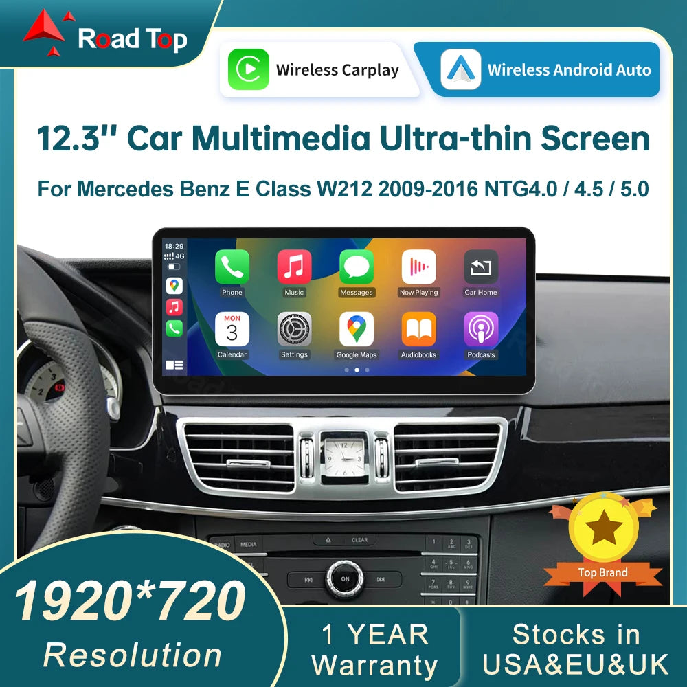 RoadTop Wireless CarPlay Touch Screen Android Auto Multimedia Display for Mercedes-Benz E