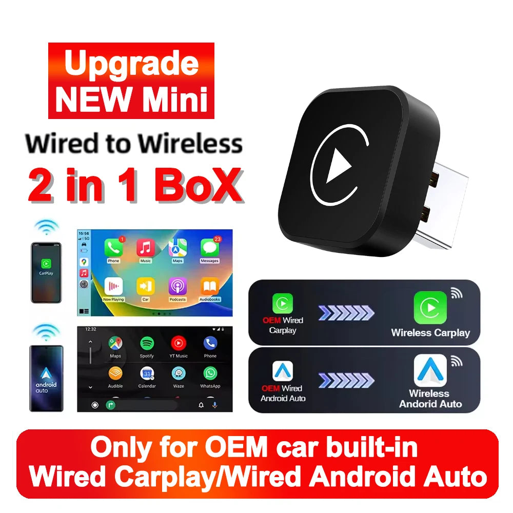 2in1 Wired to Wireless CarPlay Android Auto Adapter for OEM Car Stereo With USB Plug and P