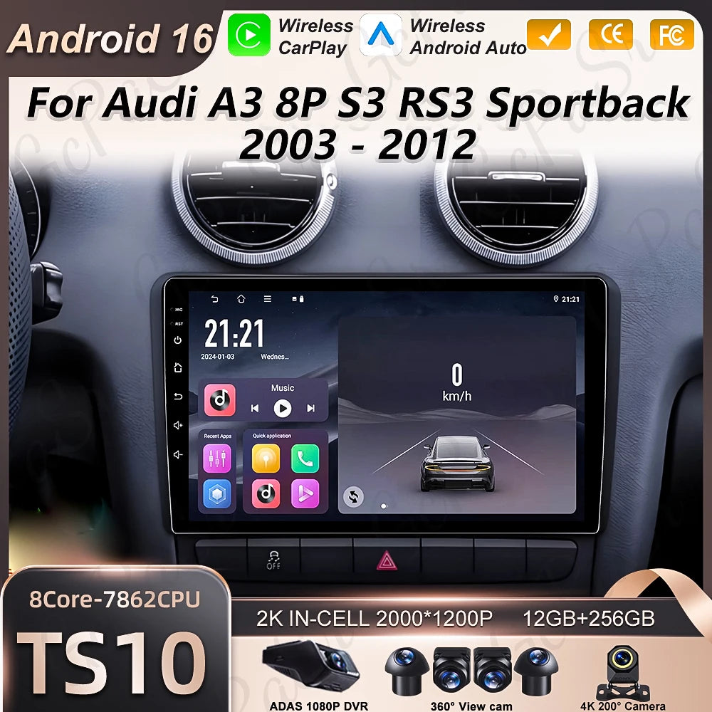 Android 16 Carplay Car Radio For Audi A3 8P S3 RS3 Sportback 2003 -2012 Android Auto GPS N | AUTOKITSHOP