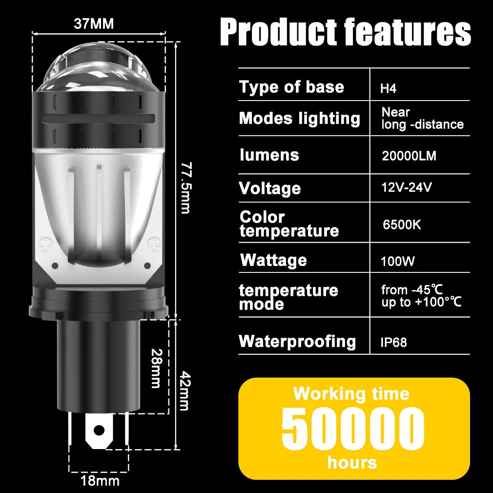 H4 Bi Led Lenses 20000LM 100W H4 LED Light Bulbs Mini Projector Lens Car Headlight Canbus
