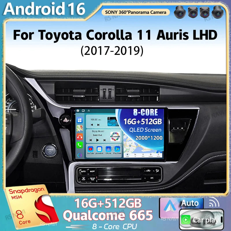 Android 16 For Toyota Corolla 11 Auris LHD 2017 - 2019 2K QLED Android Car Radio Multimedi