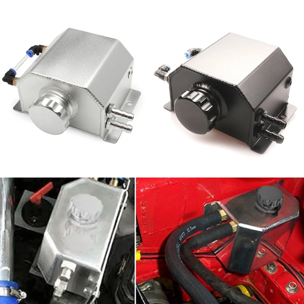 Universal Square Aluminum Alloy Radiator Coolant Overflow Tank 1L 1000ml With Drain Plug - Automotive LED Light