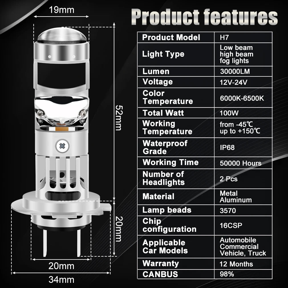 XSTORM H7 LED Projector Lens 100W 30000LM double Lens H7 Headlight Canbus Car H4 Led Light