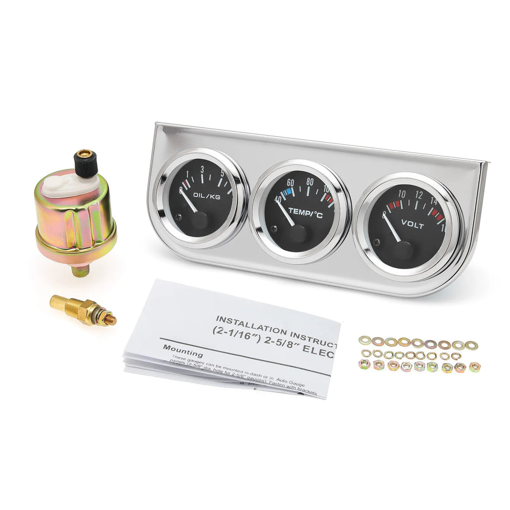 52mm 3 in 1 Car Modification Gauge Water Temp+Oil Pressure+Volt Meter with Temp &Press Sensor Bl - Automotive LED Light
