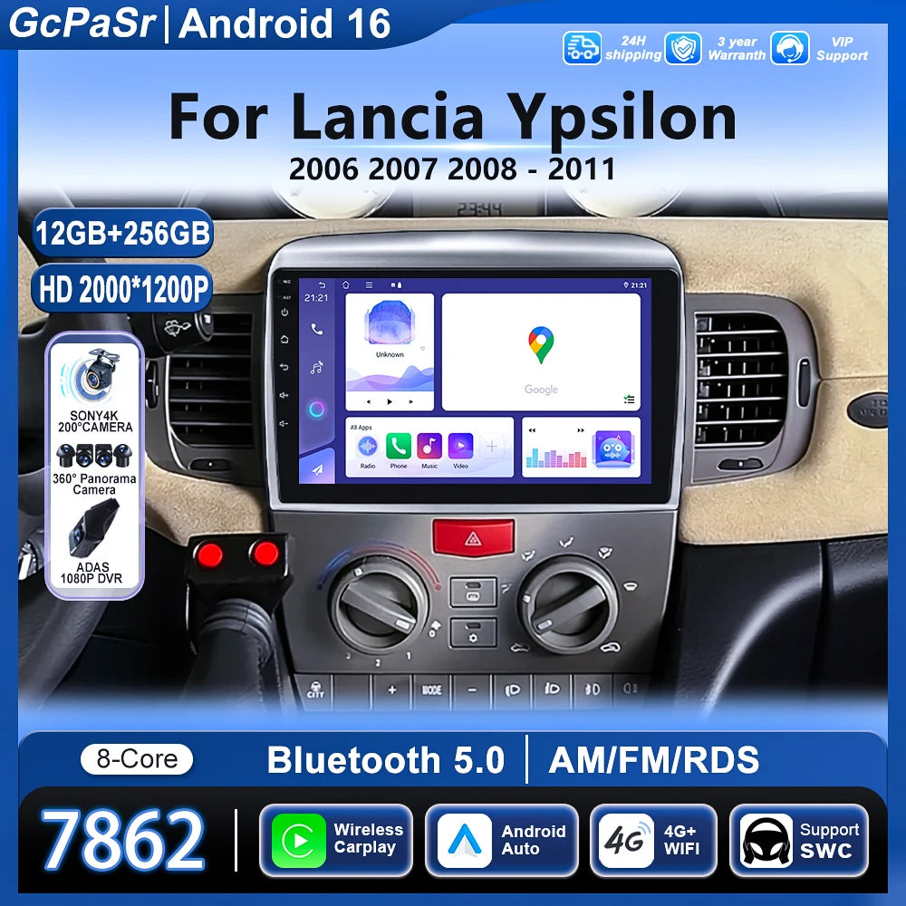 Carplay For Lancia Ypsilon 2006 - 2011 Android 15 Android Auto Multimedia Car Player Navig