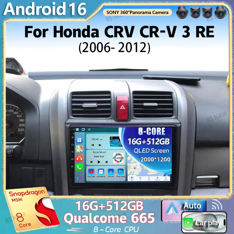 Android 16 For Honda CRV CR-V 3 RE 2006 - 2012 2K QLED Android Car Radio Multimedia Video