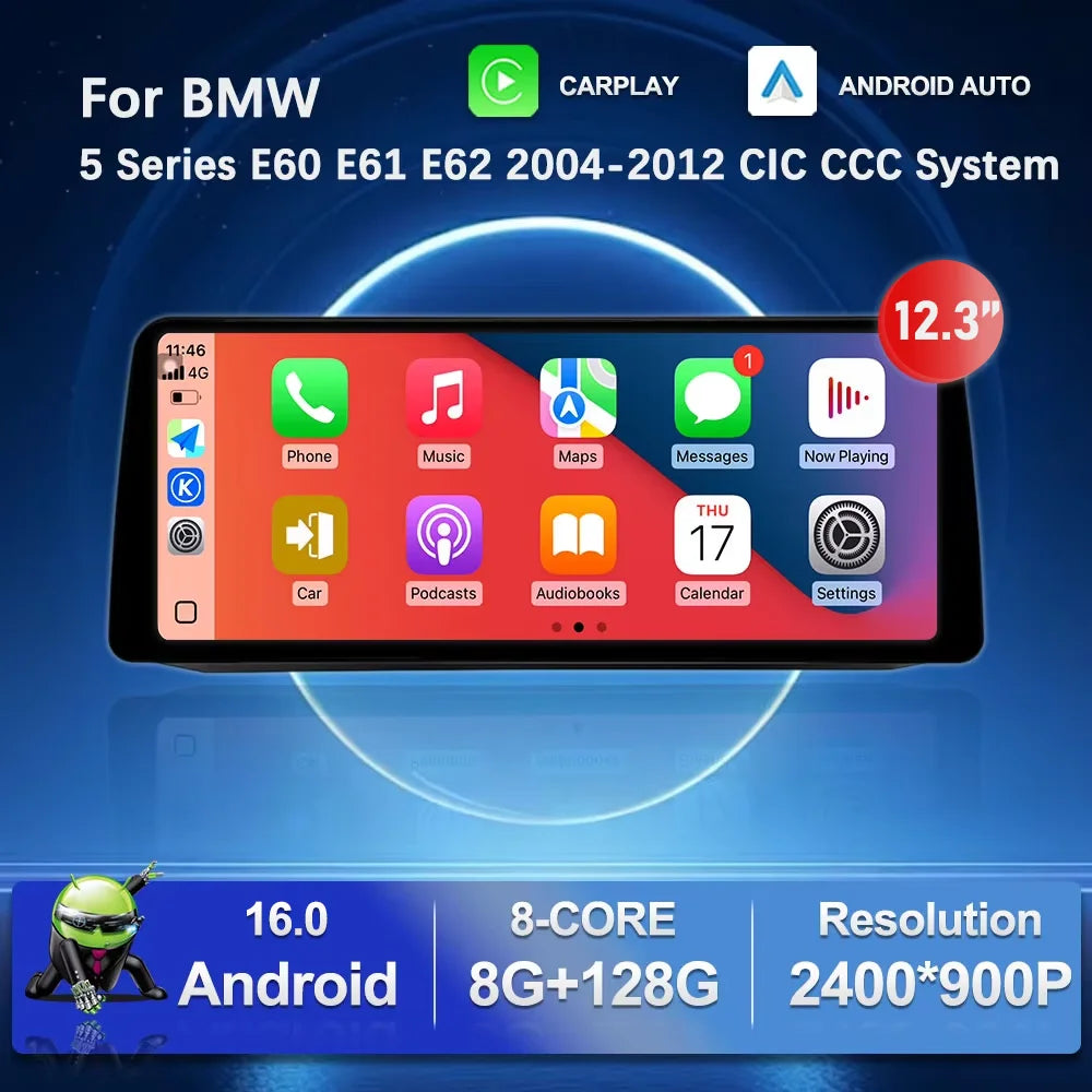 Carplay 12.3 ‘’ for BMW 5 Series E60 E61 E62 2004 - 2012 CIC CCC System Android 16 GPS Car