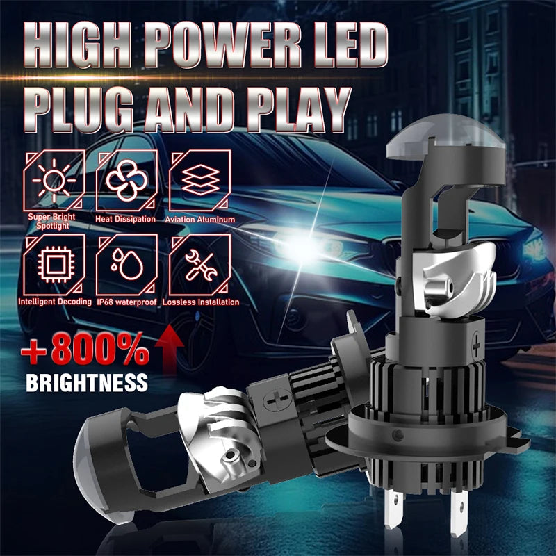 1000W Turbo H7 LED Projector CANBUS 1000000Lm Mini Lens H8 H11 9005 9006 1:1 Size Wireless