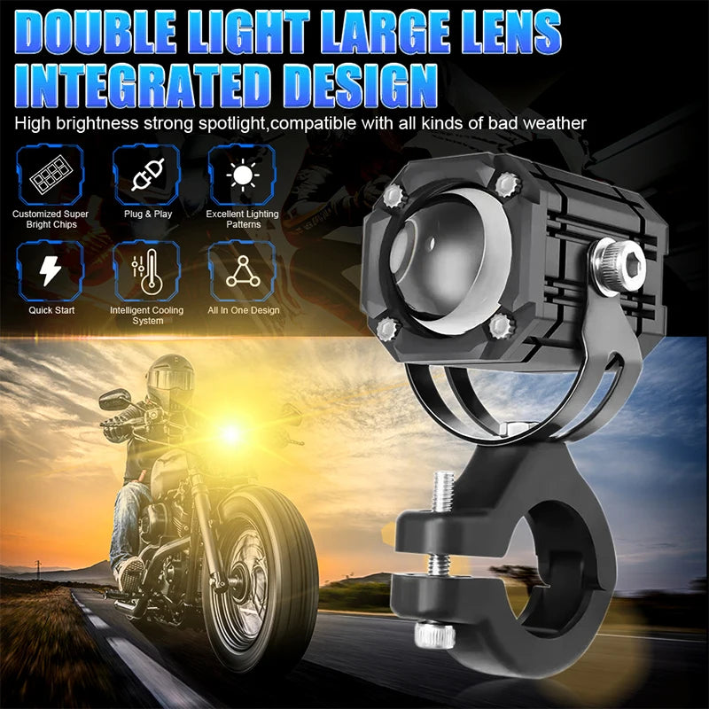 2pc Motorcycle Projection LED Headlight Lens Bi-color Auxiliary Spotlight Red Flashing War