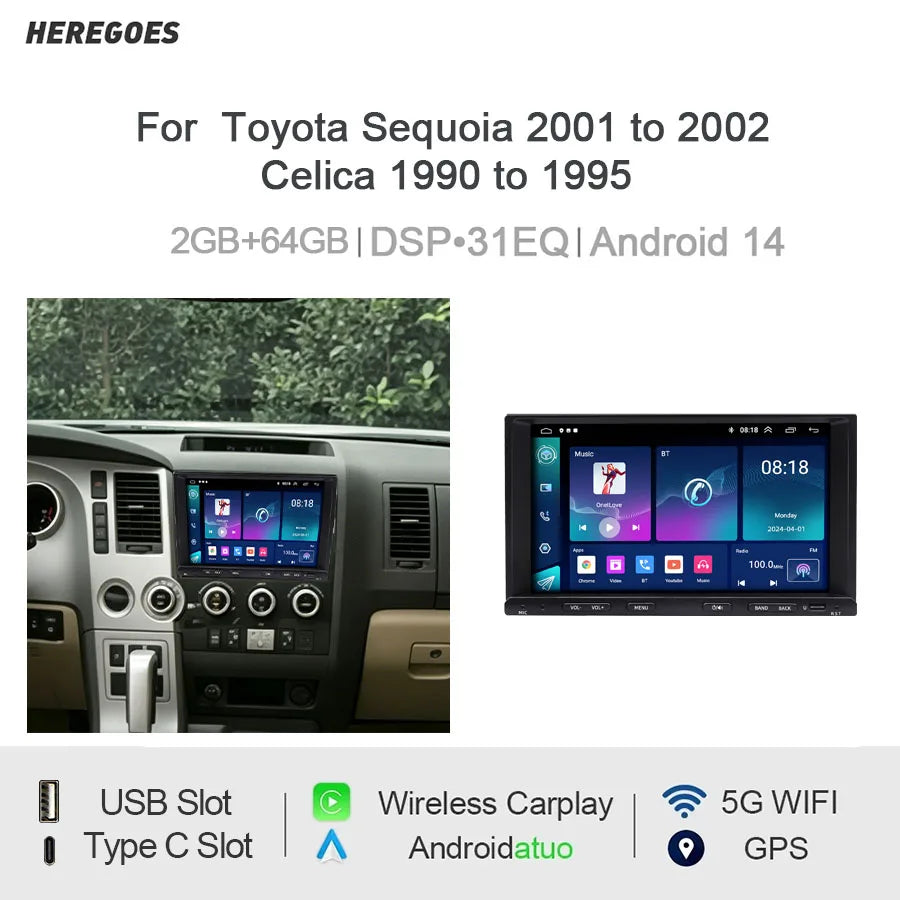 7" Android Car Radio GPS For Toyota Sequoia Celica Wireless CarPlay Auto Android Auto Bluetooth Steering Control - High