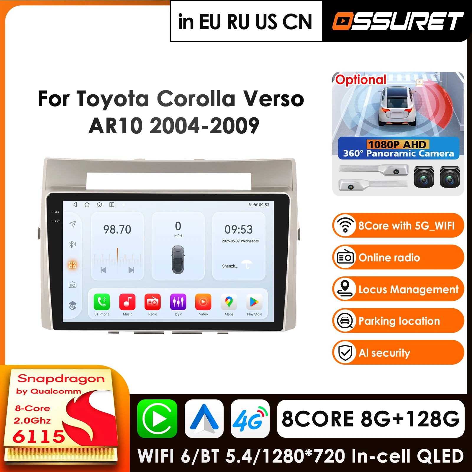 12.3" Car Radio GPS for Toyota Corolla Verso 2004-2009 Android Auto Carplay DSP 2Din 4G - AI Voice Pro Multimedia Video