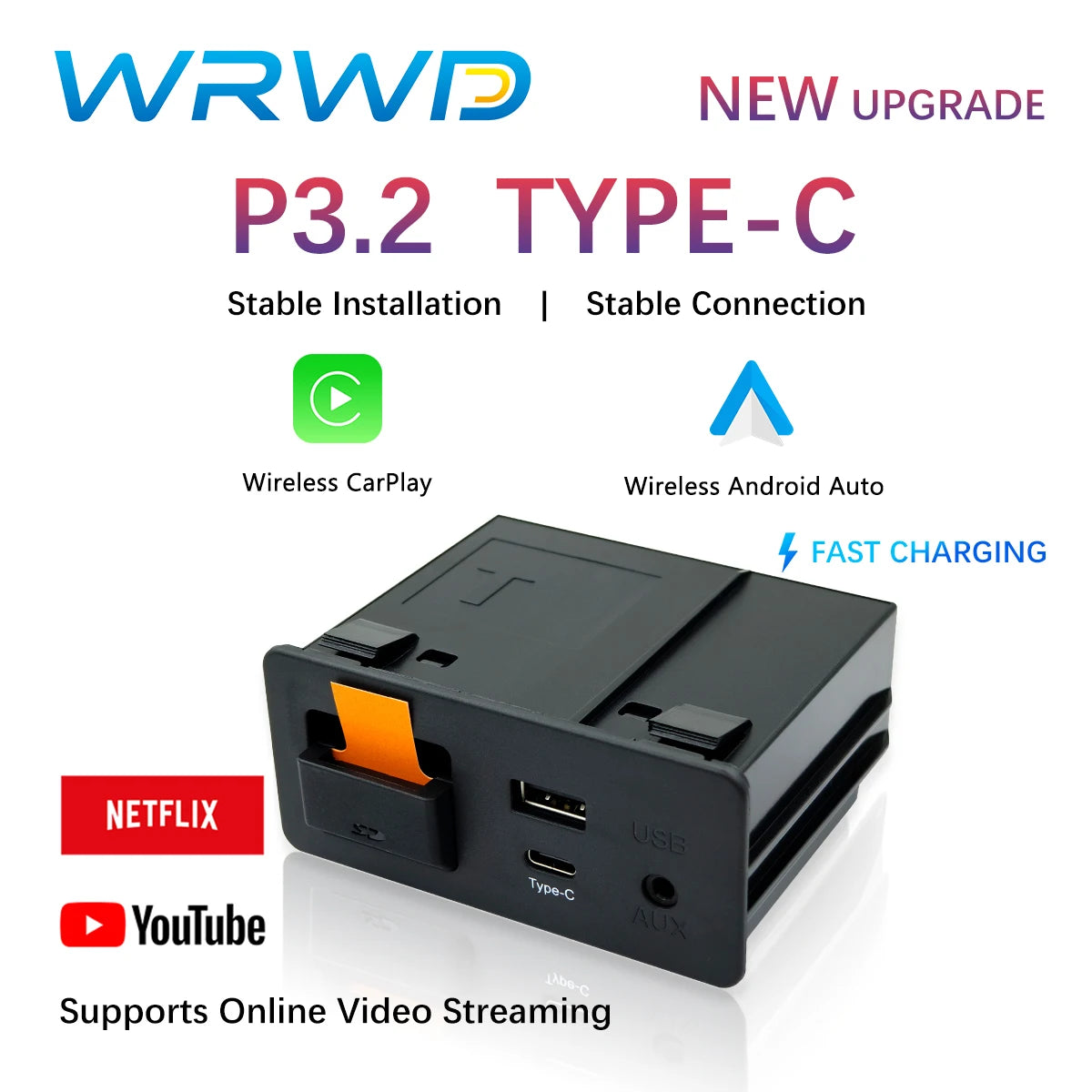 WRWD P3.2 Upgrade Type-c 2-in-1 CarPlay Wireless Android Auto USB Hub Adapter for Mazda 2