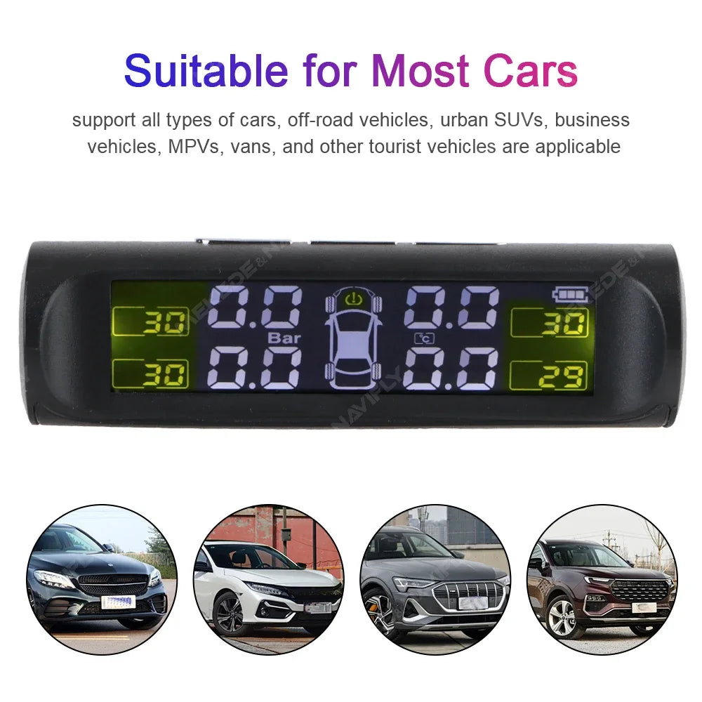 Solar Power USB Charge TPMS Car Tire Pressure Alarm Monitor System Auto Security Alarm Sys | AUTOKITSHOP