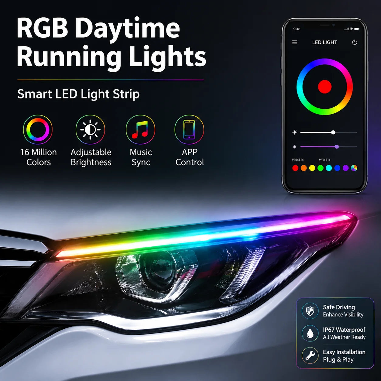30/45/60cm LED Light Strip App & Bluetooth Controlled RGB Chasing-Color Headlights / LED D | AUTOKITSHOP