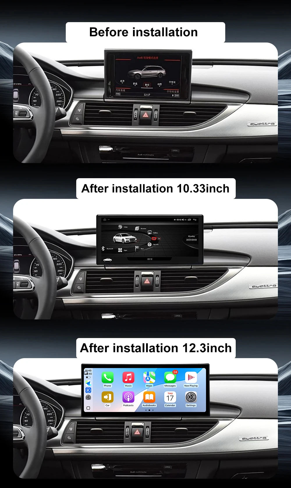 12.3" QLED Touch Screen WiFi Multimedia Player QLED Screen Android Auto Car Radio For Audi