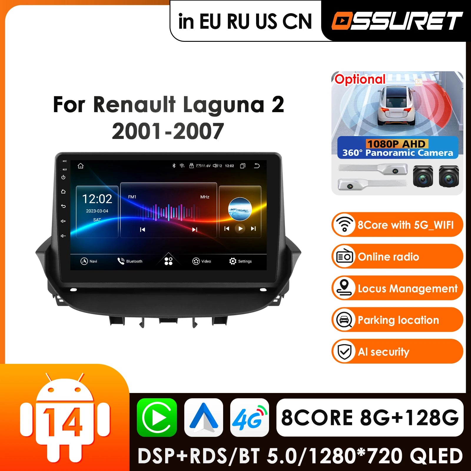 12.3" Car Radio GPS Android Auto Carplay for Renault Laguna 2 2001-2007 - 4G LTE 360 Camera AI Voice RDS Stereo