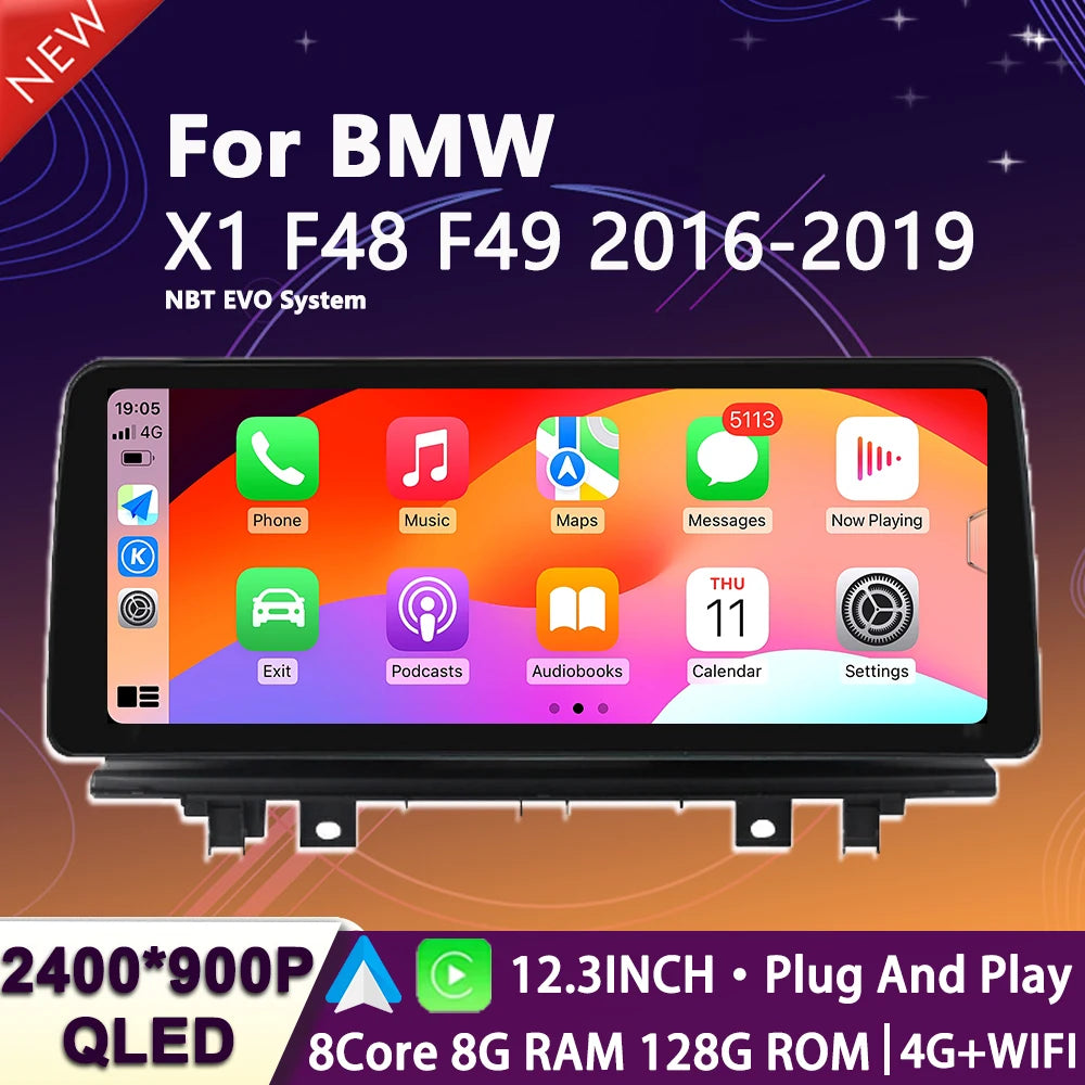Car Radio 12.3inch Screen Android 14 For BMW X1 F48 F49 2016 2017-2019 NBT EVO System Navi | AUTOKITSHOP