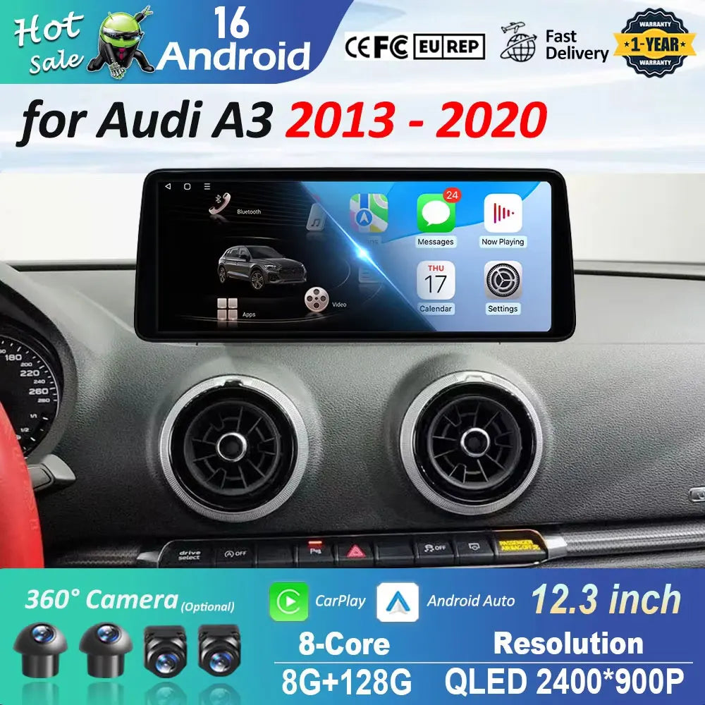 Android 16 12.3 '' for Audi A3 2013 - 2020 Car Radio Video Player Carplay Navigation GPS W