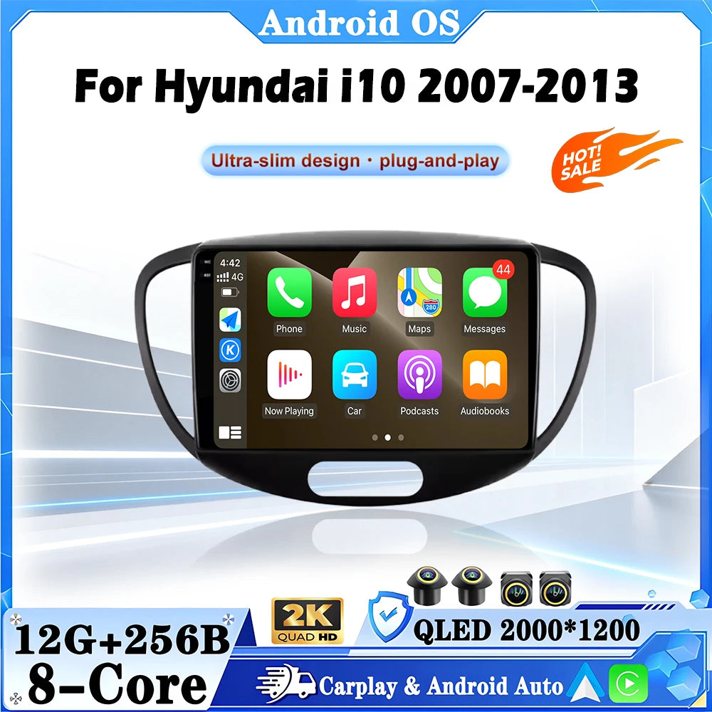 Android 16 For Hyundai I10 2007-2013 GPS Navigation Cooling Fan CarVideo Multimedia Player