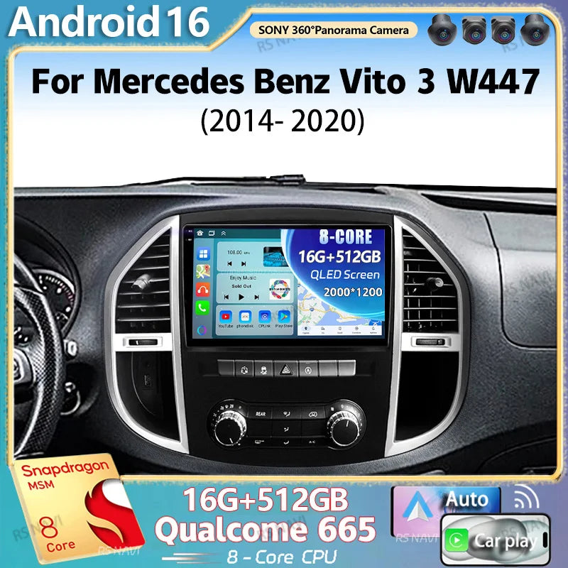Android 16 For Mercedes Benz Vito 3 W447 2014-2020 2K QLED Android Car Radio Multimedia Vi