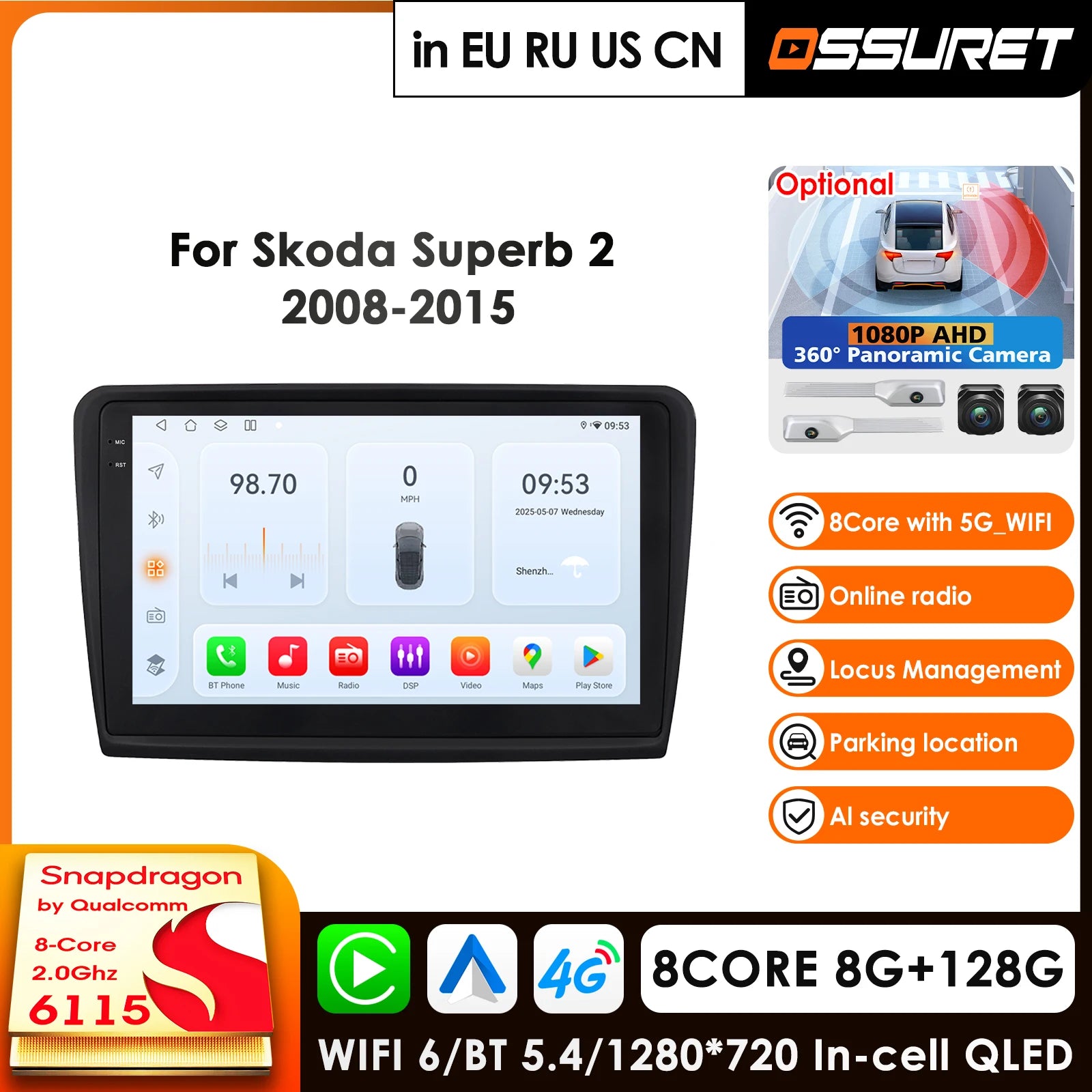 12.3" Car Radio GPS for Skoda Superb 2 B6 2008-2015 - Android 14 2Din Stereo with Carplay Audio Head Unit Multimedia