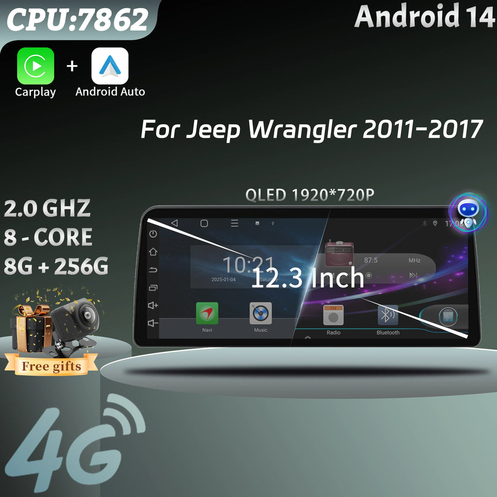 12.3inch Car Radio Stereo For Jeep Wrangler 2011-2017 Android 15 Multimedia Navigation 4G