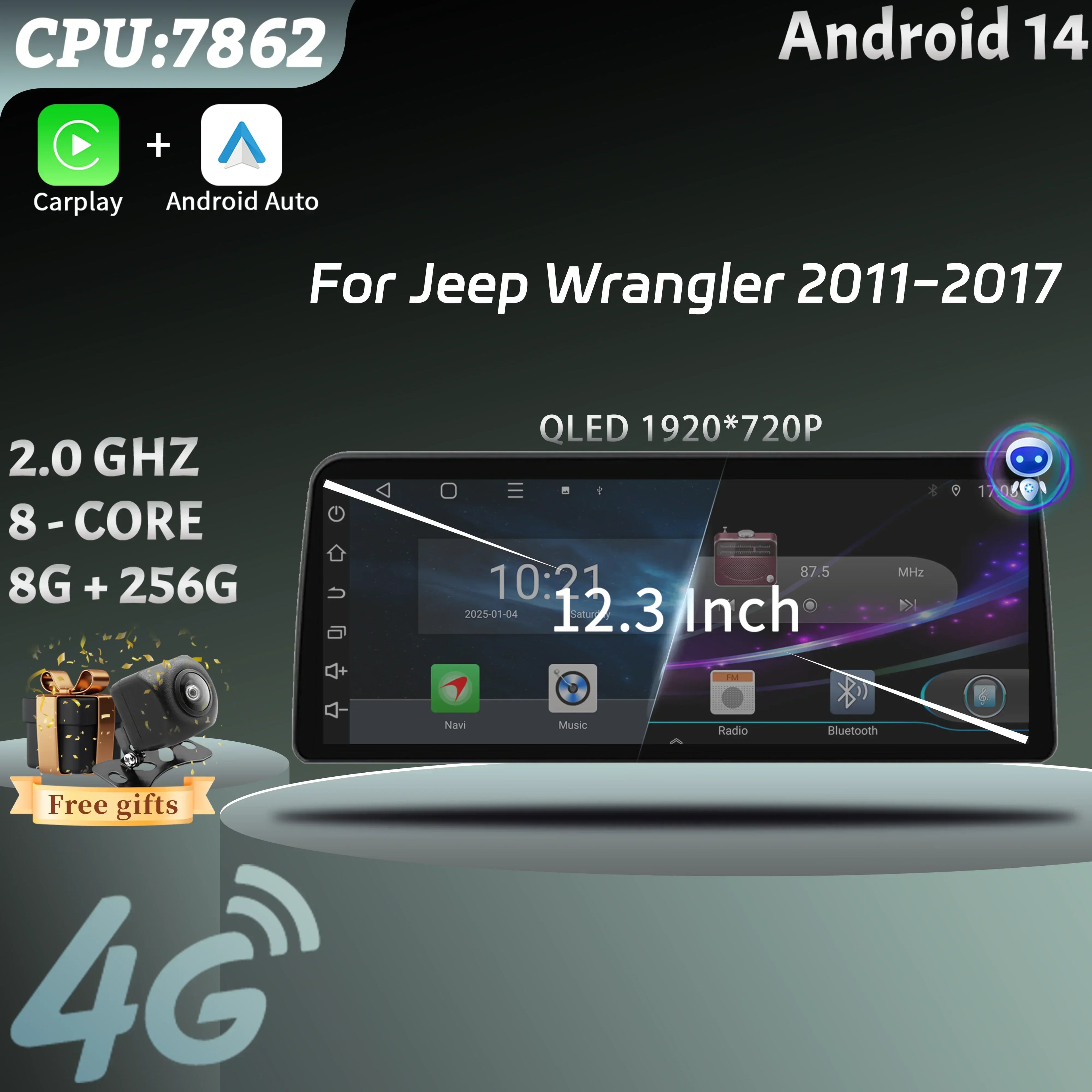 12.3inch Car Radio Stereo For Jeep Wrangler 2011-2017 Android 15 Multimedia Navigation 4G