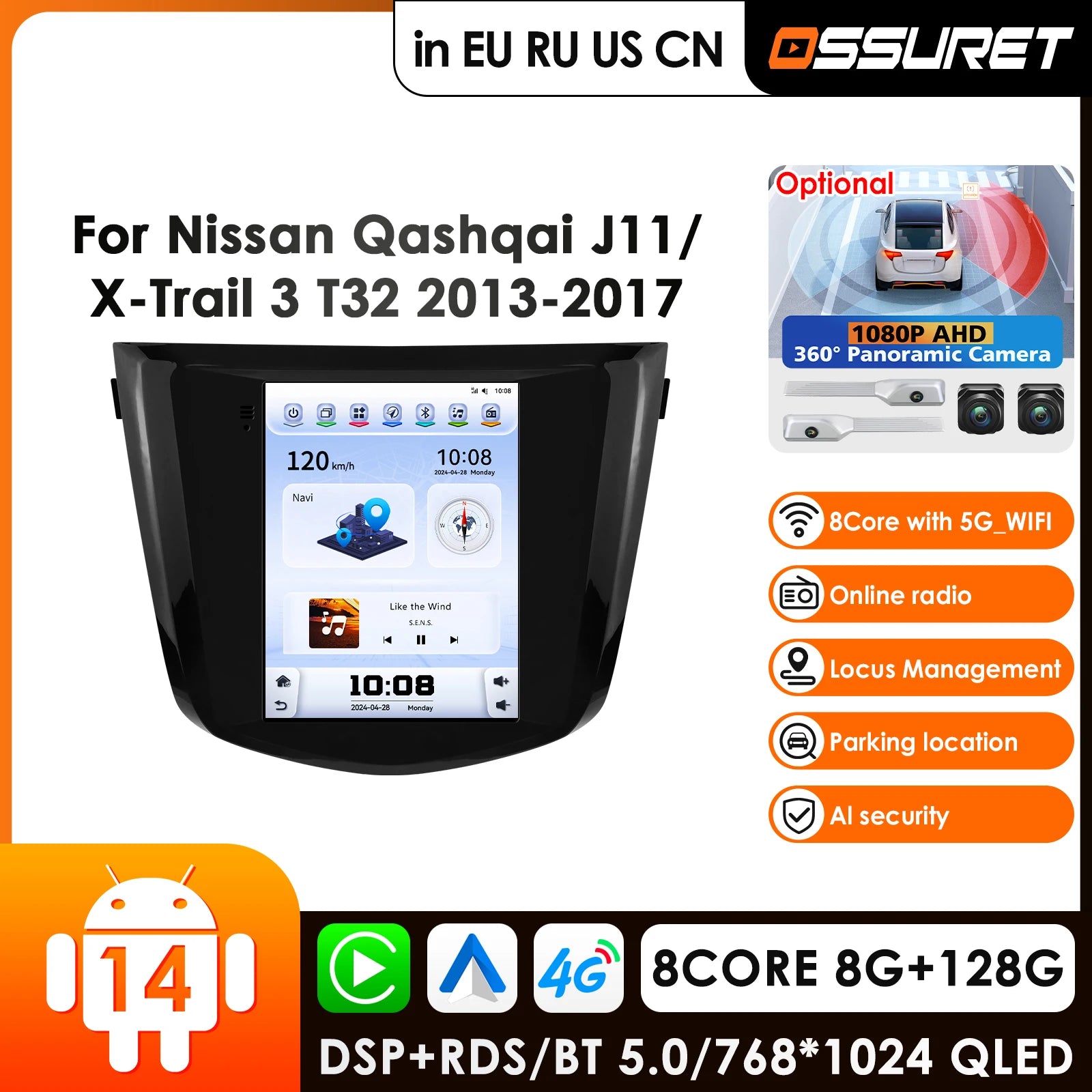 9.7" Wireless CarPlay Android Radio for Nissan Qashqai J11 X-Trail T32 2013-2017 - 4G GPS 360° Camera Multimedia