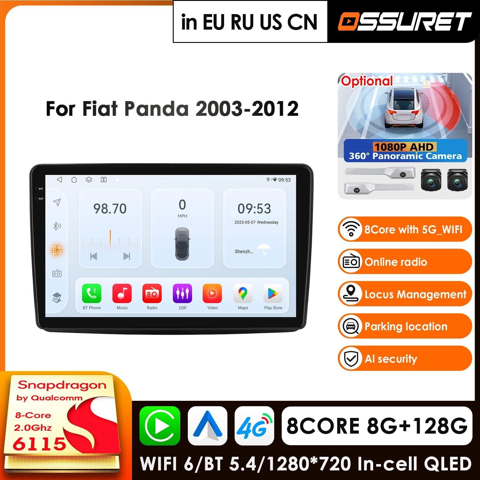 9" Android 14 Car Radio GPS for Fiat Panda 2013-2020 2Din Multimedia Player 4G BT Carplay RDS Head Unit Stereo - 8Core 3