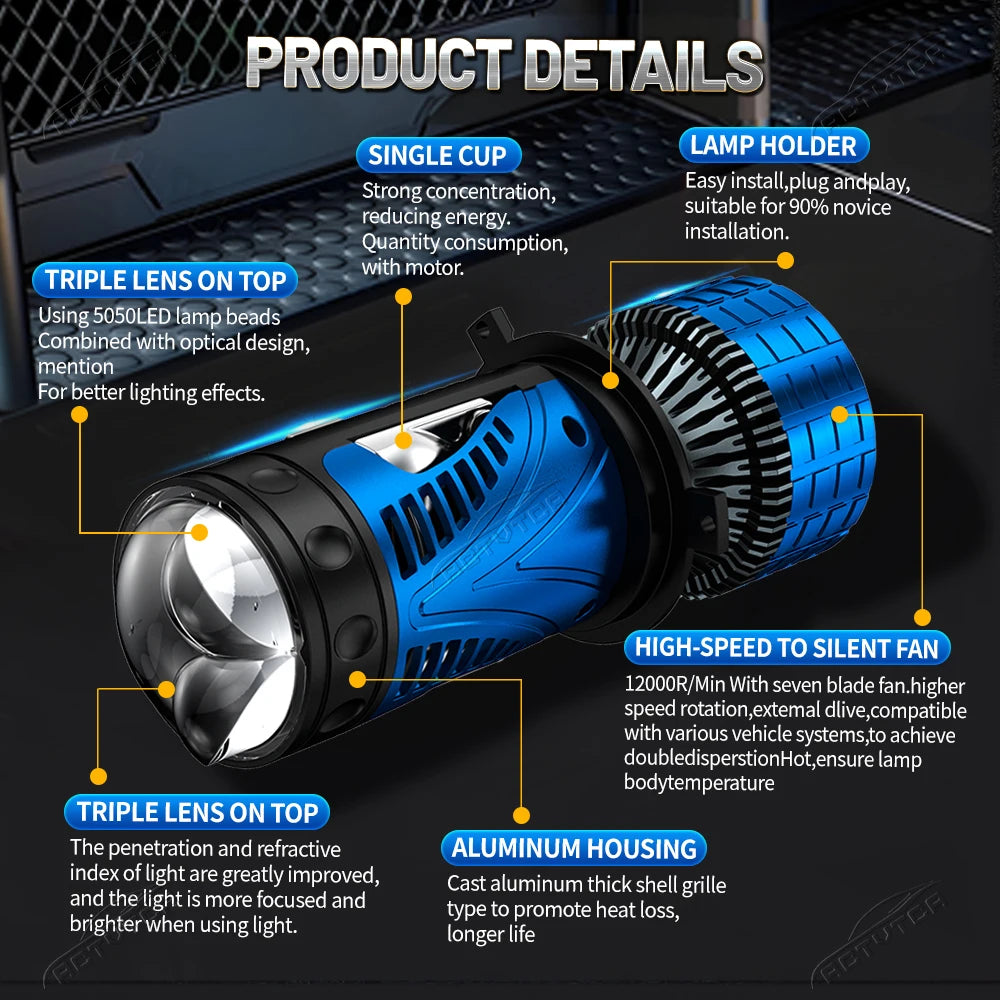 8800W H4 LED Mini Projector Lens 6500K High Low Beam H4 Solenoid Turbo Fan Auto Headlamp S