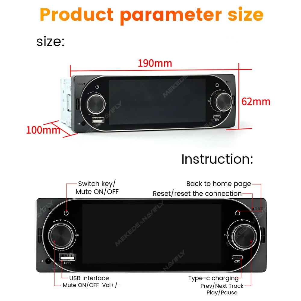 1Din 5.2inch Dual Knob Car Radio MP5 Player Wireless CarPlay Android Auto multimedia playe