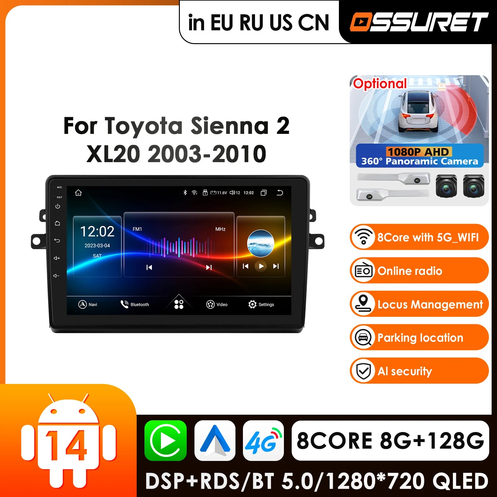9'' CarPlay Android 14 Car Radio GPS for Toyota Sienna 2 XL20 2003-2014 XL30 Multimedia Video Player Autoradio Stereo DS