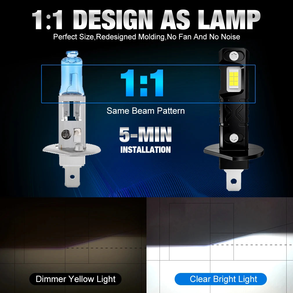 H1 LED Headlight Bulbs CANBUS Lights 150W 60000LM CSP for Mini Lamp 1:1 Size New H1 Wirele