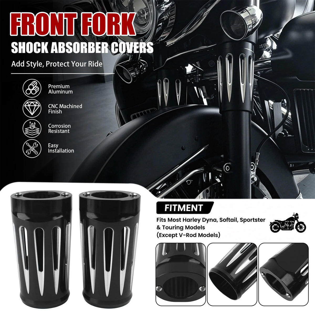 Black CNC Cut Aluminum Motorcycle Fork Boot Slider Cover For Harley Touring Electra Street Road  - Automotive LED Light