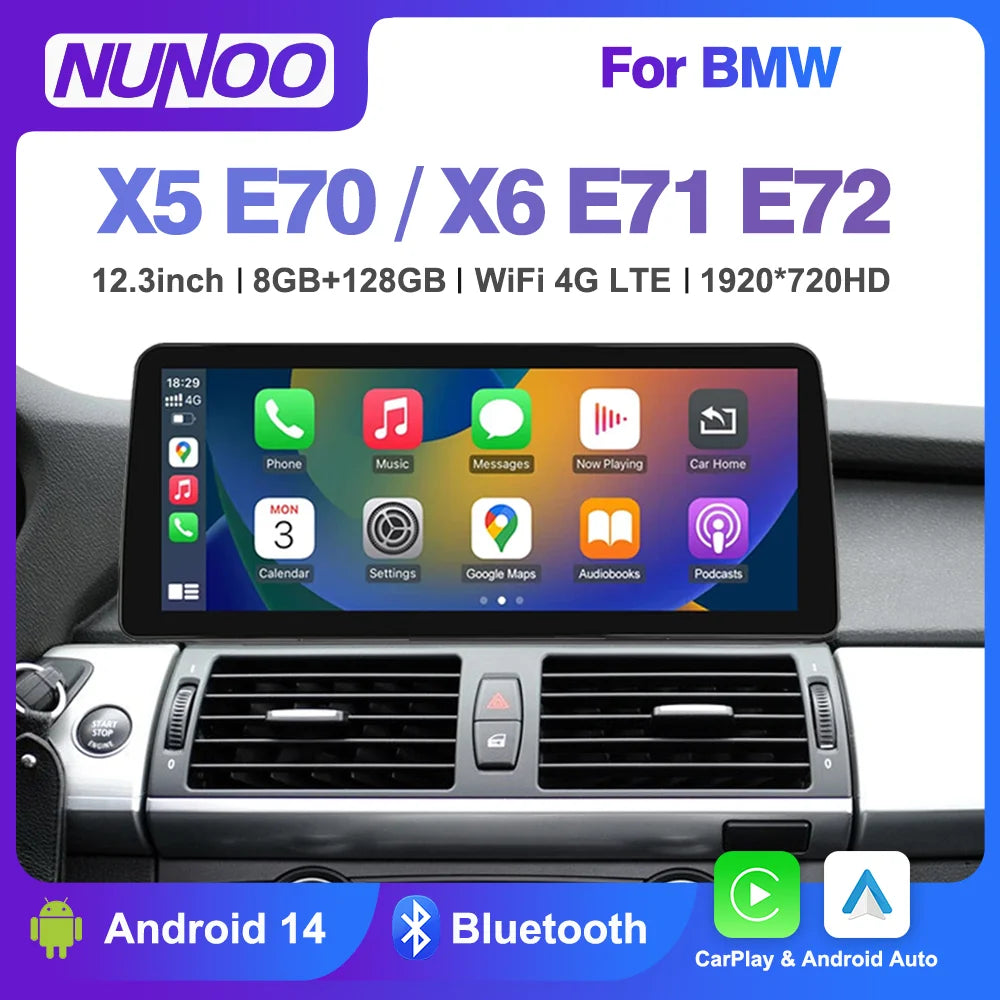 12.3inch Android 14 Carplay For BMW X5 E70 X6 E71 2007-2013 Car Multimedia DVD Player Navi