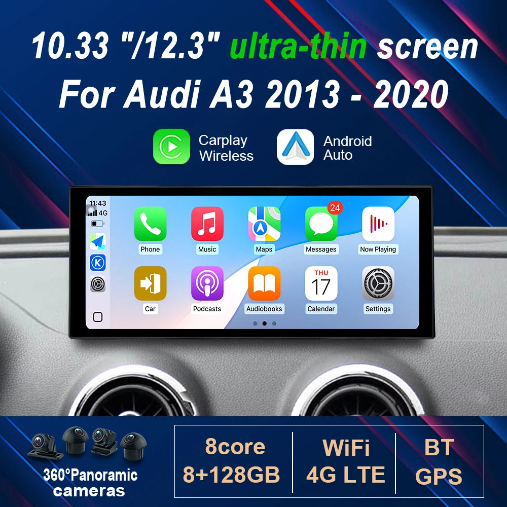 Android 14 Car Radio Video Multimedia Player 10.33 "/12.3" for Audi A3 2013 - 2020 Wireles
